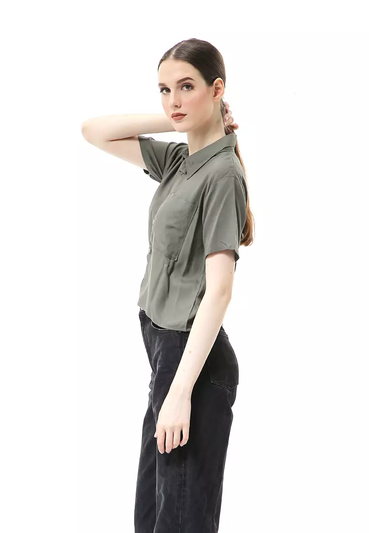 Melinda Kemeja Crop Top Atasan Wanita Motif Polos Relaxed Fit - Army