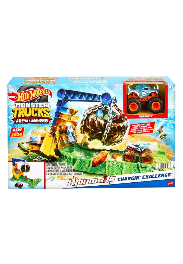 Hot Wheels Monster Trucks Rhinomite Chargin’ Challenge Playset With 1 Toy Truck & 2 Crushed Cars