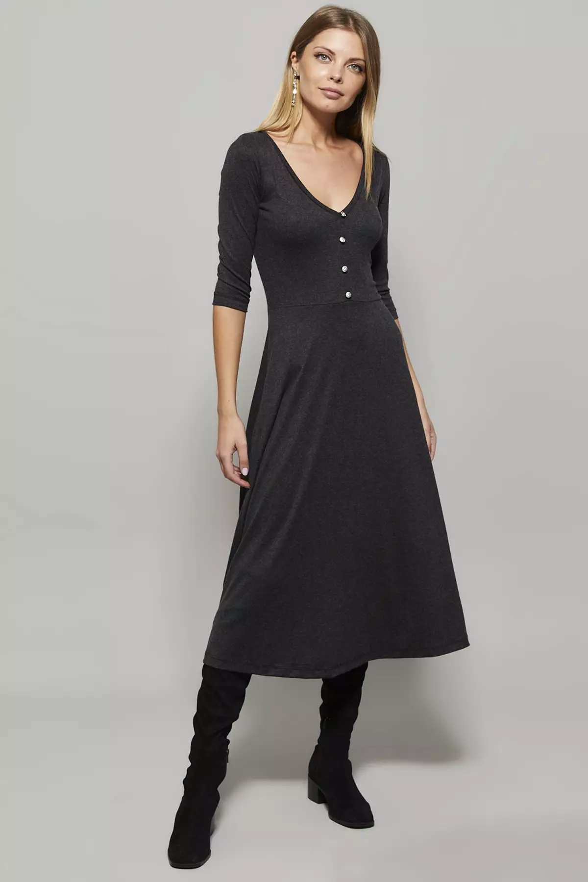 Button Accessory V-Neck Dress