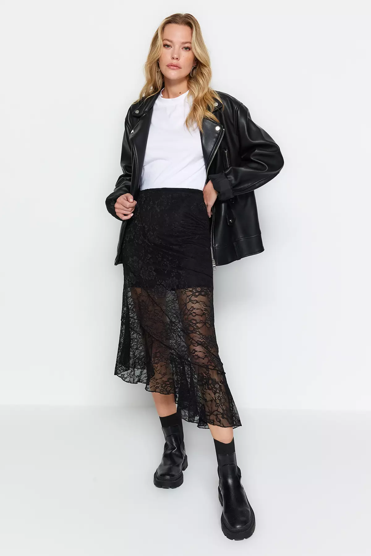 Asymmetrical Lace Midi Skirt