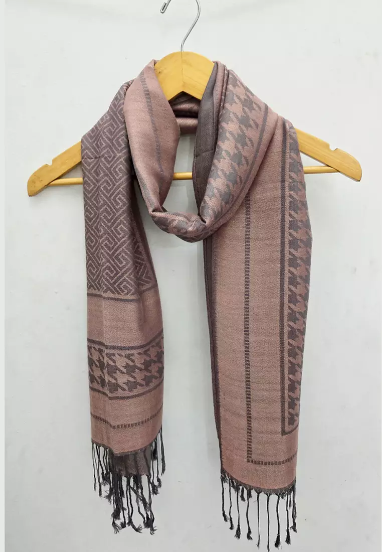 Aksesoris Wanita Houndstooth Pattern Viscose Pashmina Shawl Syal Wanita Dusty Pink