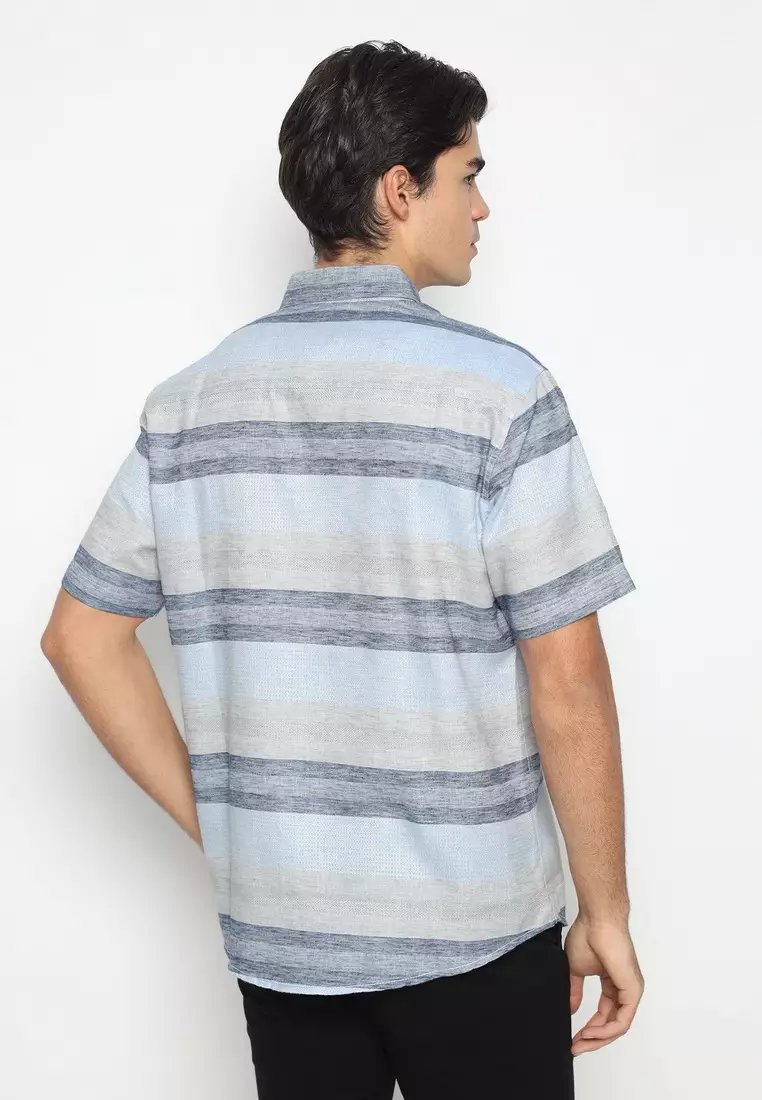 POLICE Kemeja Salur Printing Biru Abu Regular Fit Pria