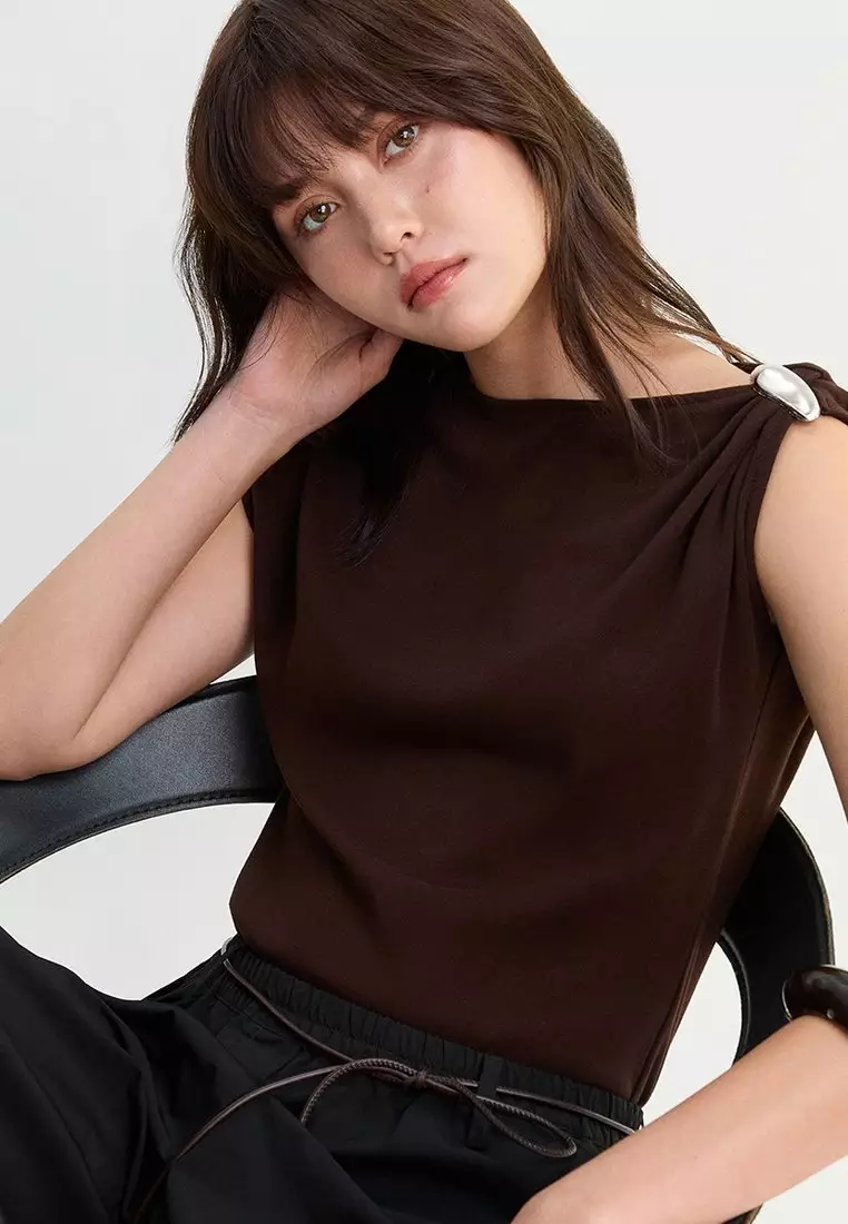 Asymmetric Shoulder Detail Top - Brown