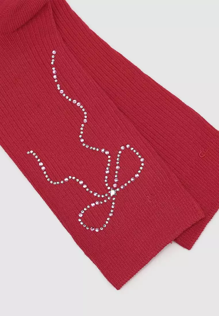 Ribbed Knit Rhinestone Bow Detail Cotton Blend Crew Socks