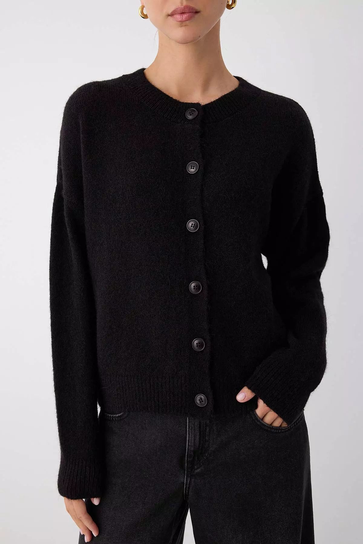 Black Alpaca Wool Blended Wide Fit Knitwear Cardigan