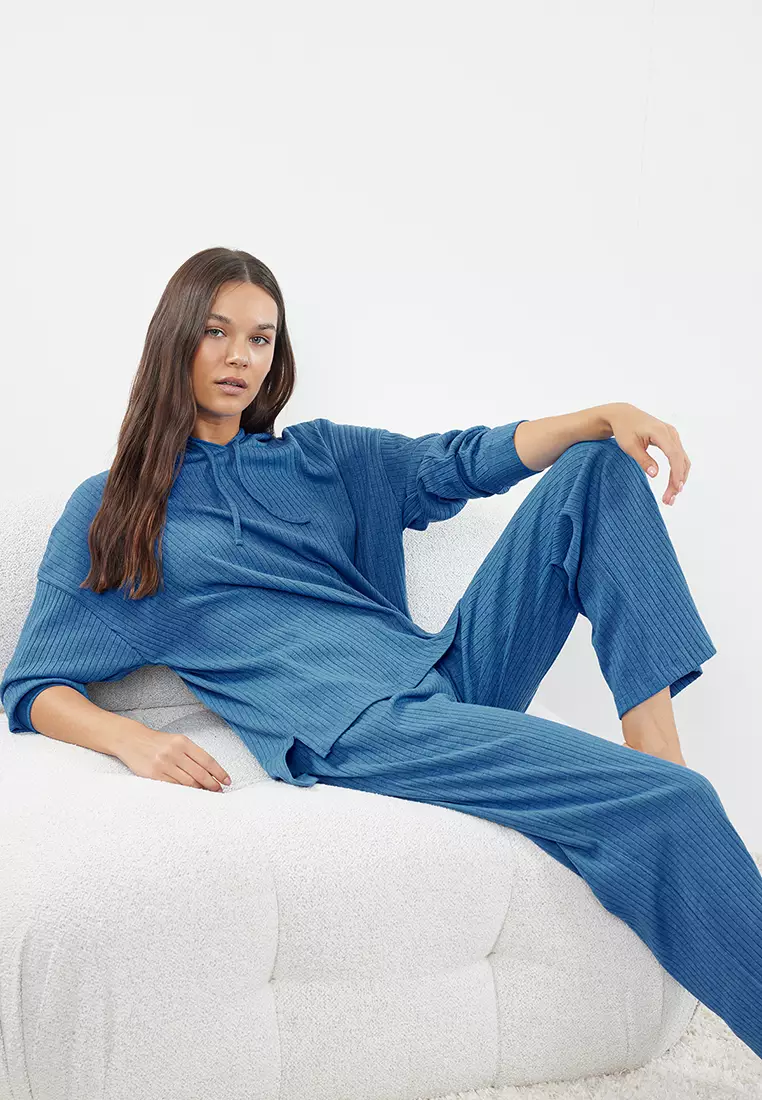 Blue Hooded Ribbed Knitted Pajama Set Thmaw22Au0334