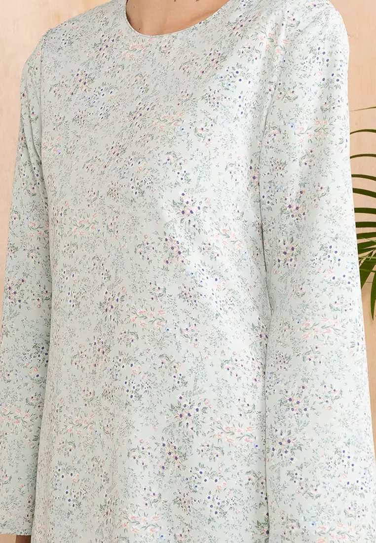 Cool Mint Ditsy Floral Baju Kurung Moden Kain Kipas Belakang