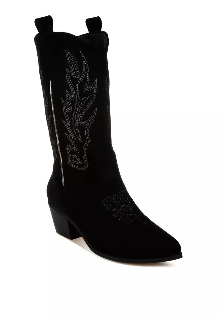 Embroidery Detail Cowboy Boots in Black
