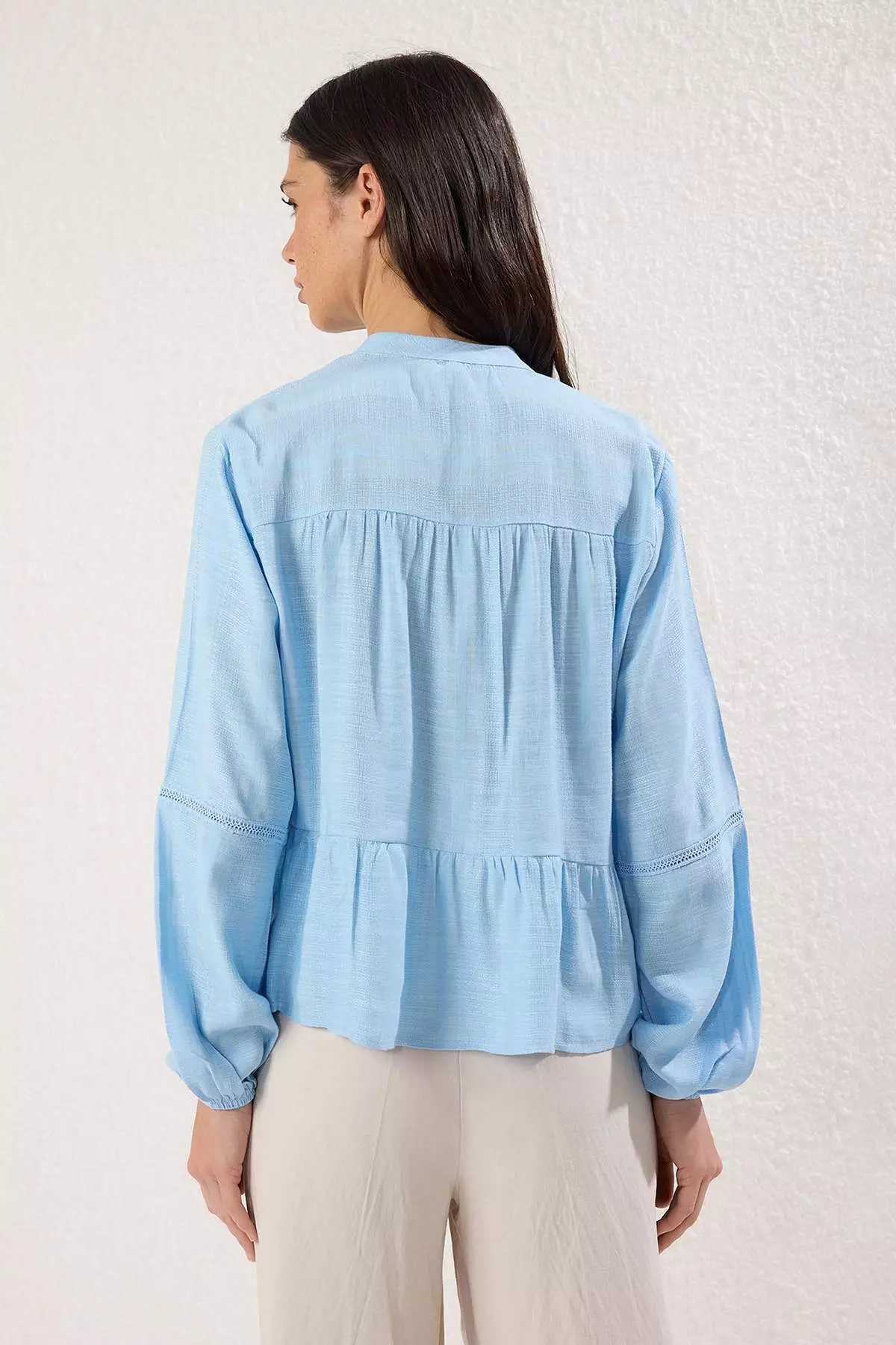 Light Blue Cotton Textured Lacy On Sleeve Regular Normal Fit Shirt