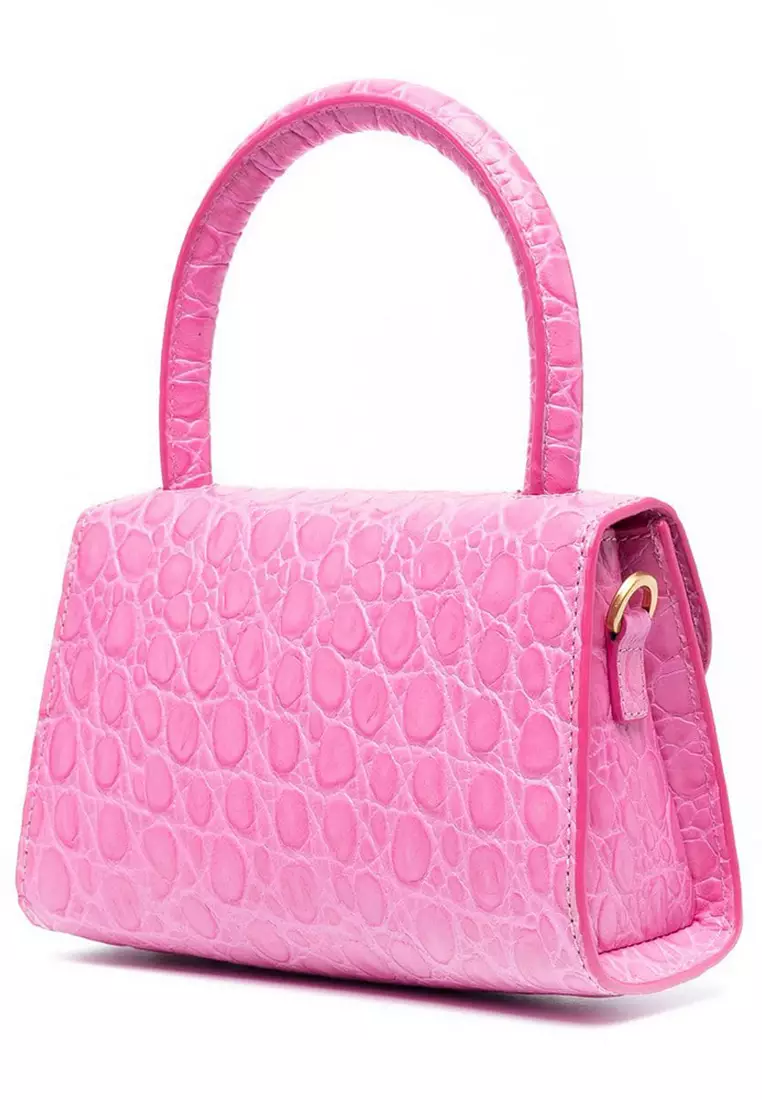 Mini Circular Croco Embossed Leather Shoulder Bag in Fuchsia