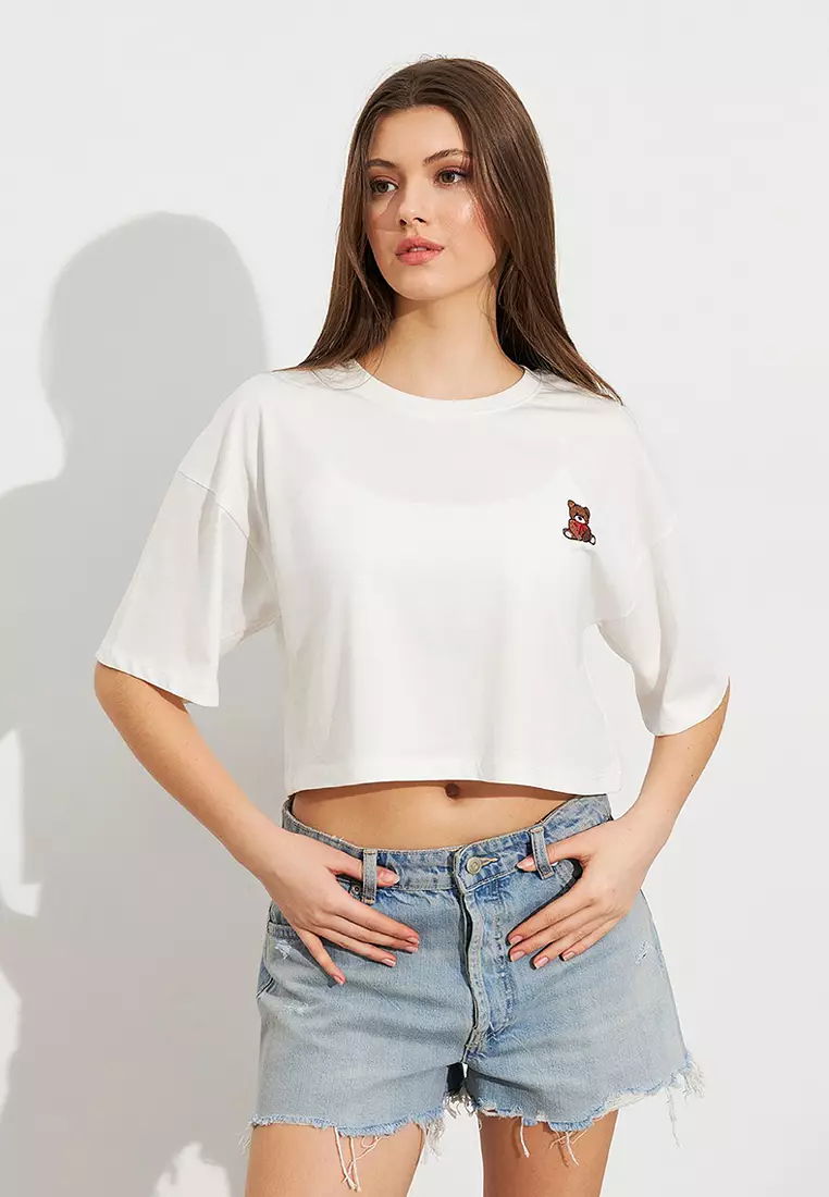 Teddy Bear Embroidered Crop T-Shirt