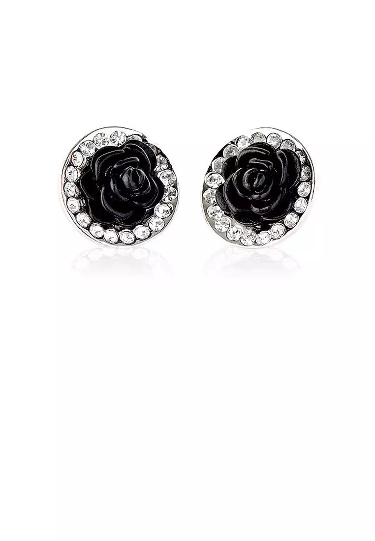 Elegant Black Rose Earrings with Silver Austrian Element Crystals