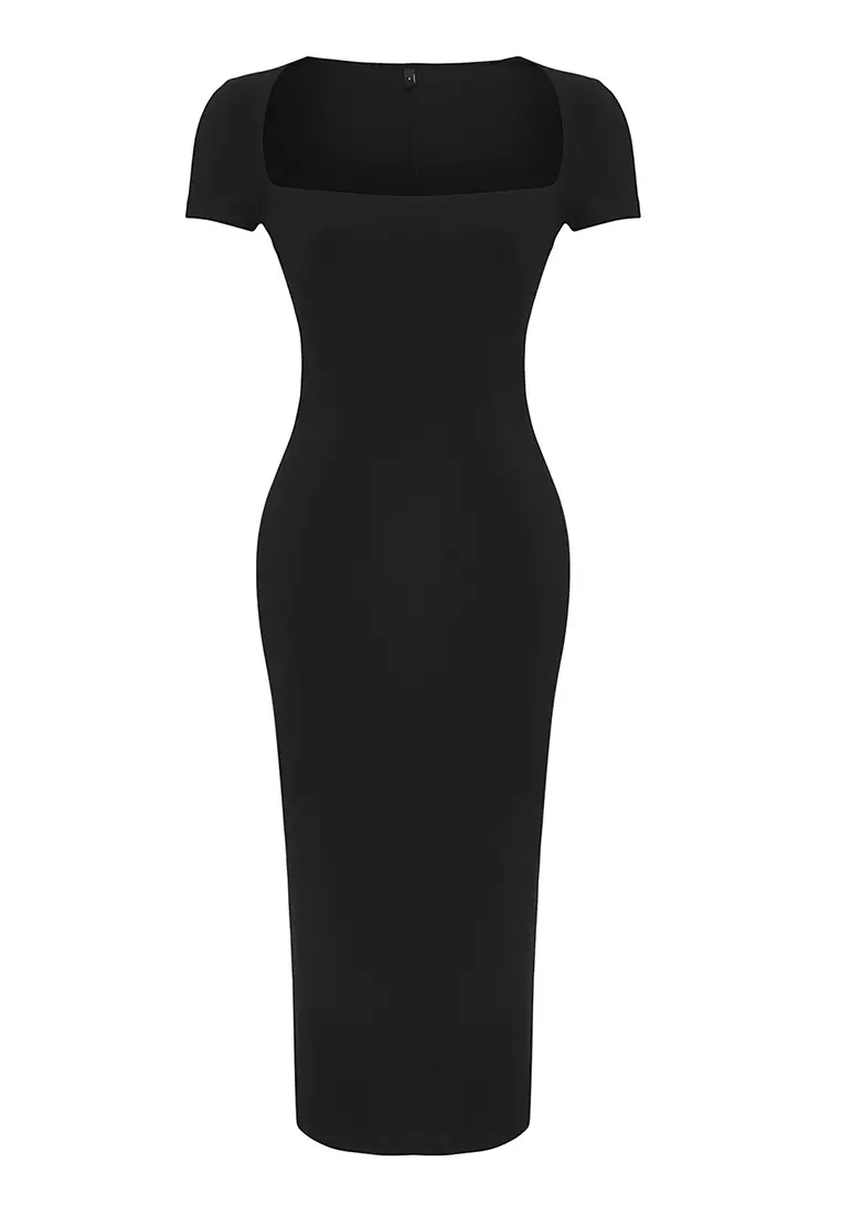 Black Square Neck Bodycone/Fits Body Stretchy Midi Knit Dress TWOSS25EL00691