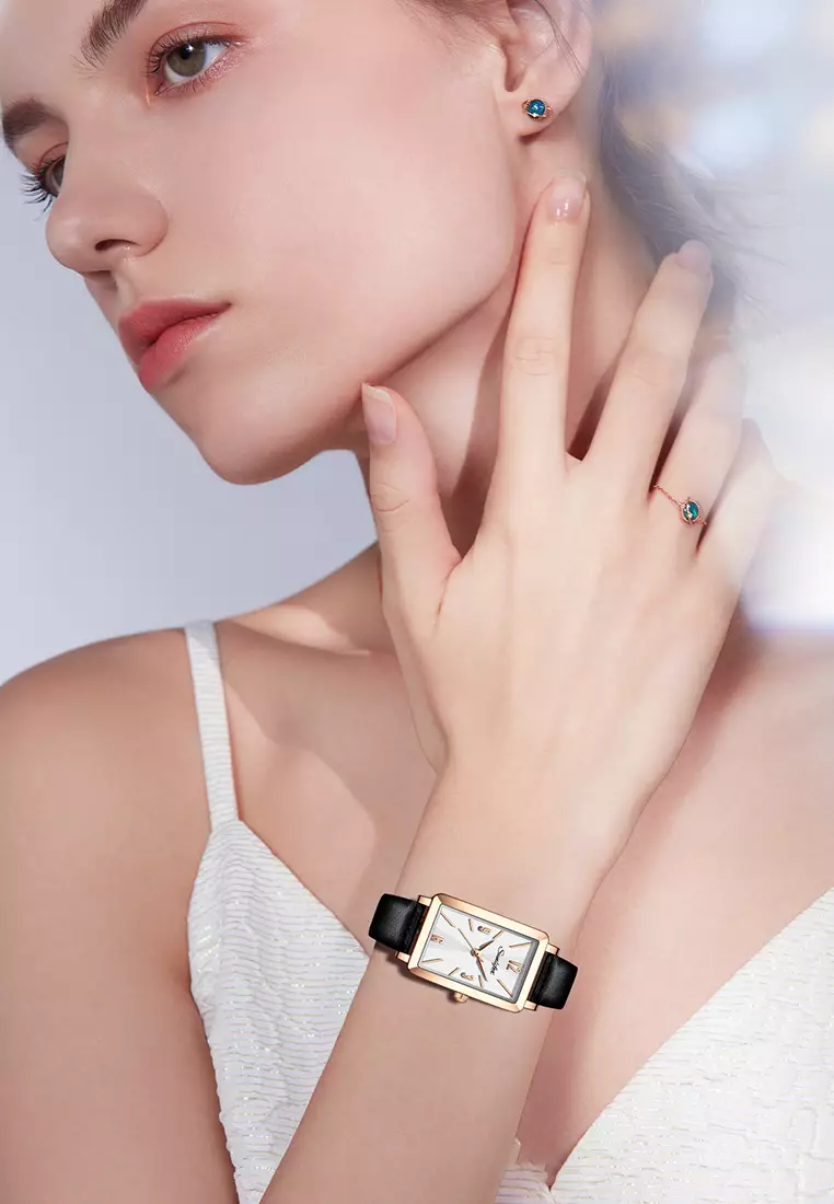 Jam Tangan Wanita 8002 Original Tali Kulit Mode Anggun Jam Wanita Kuarsa Jam Tangan Cewek black