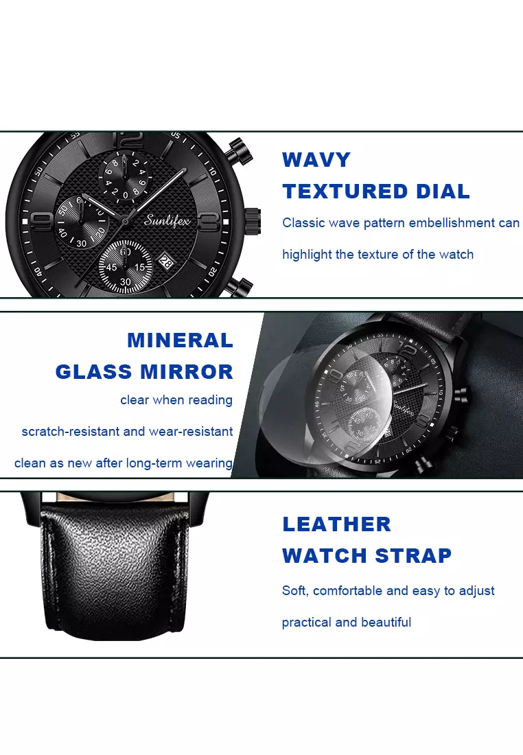 Jam Tangan Pria Kalender Kuarsa Bisnis Klasik Anti Air Tali Kulit Jam Tangan Cowok black