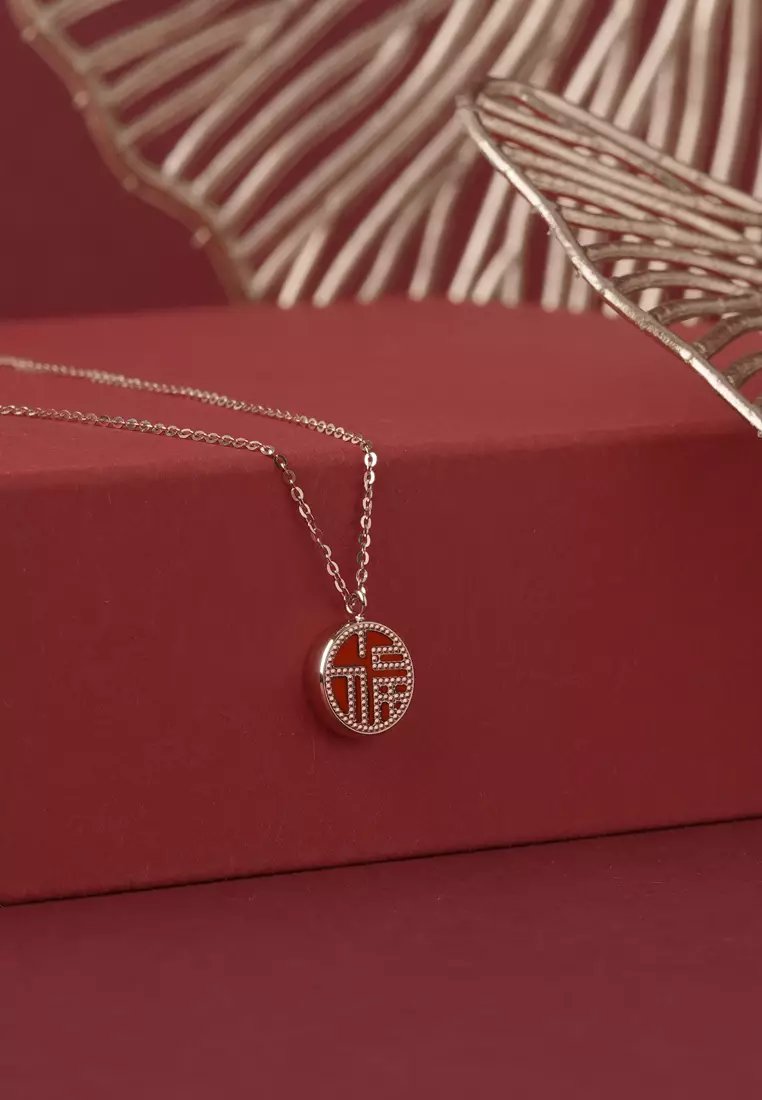 TOMEI 红玉髓福字 Carnelian Fu Necklace, Rose Gold 750