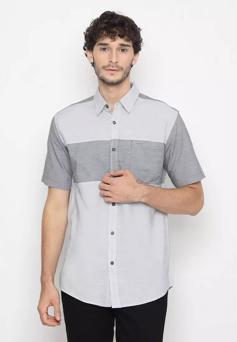 RBJ Kemeja Salur Kombi Putih Hitam Regular Fit Pria