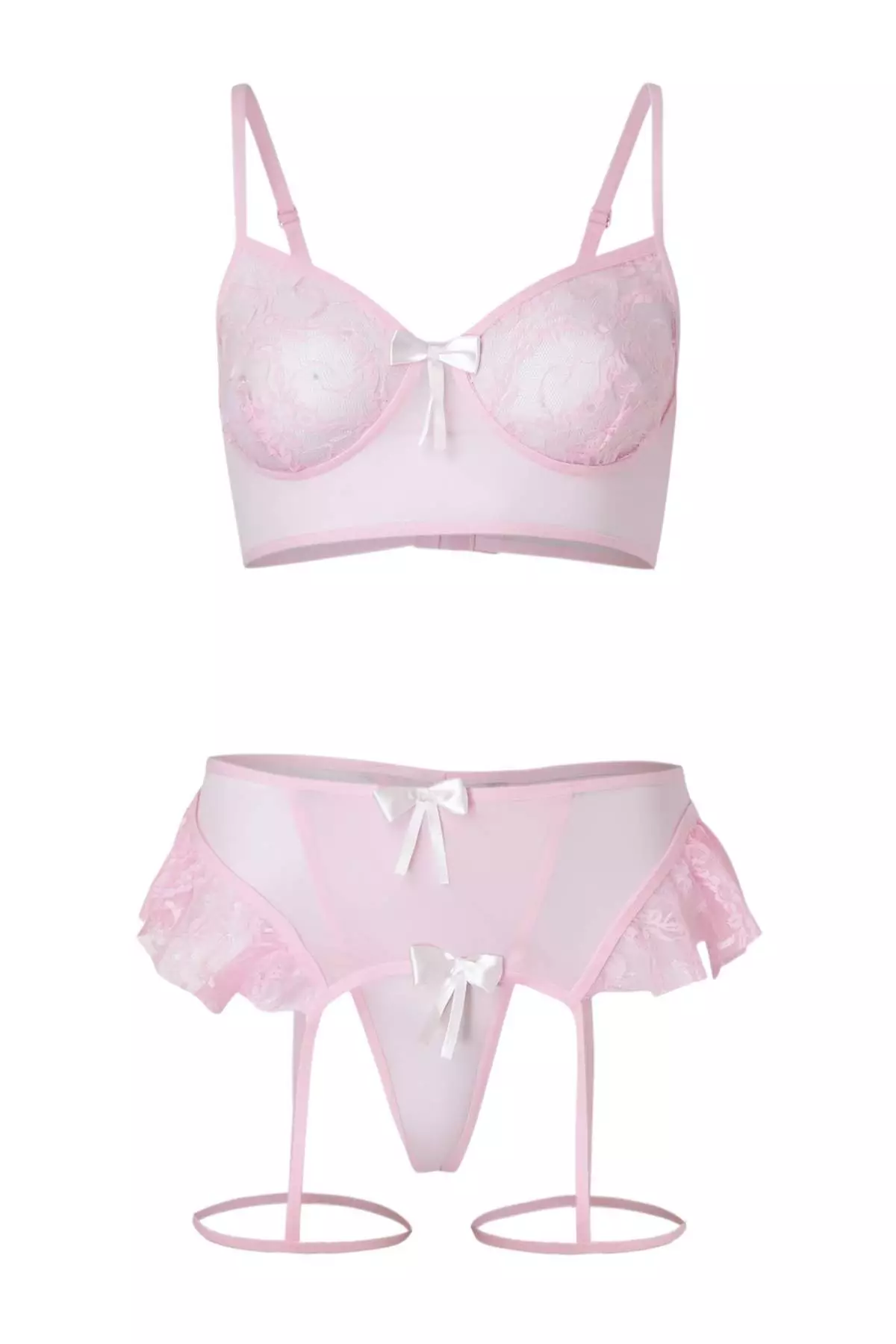Pink Ribbon Detailed Leg Banded Ruffle Capless Lace Fancy Lingerie Set Thmaw26Bd4
