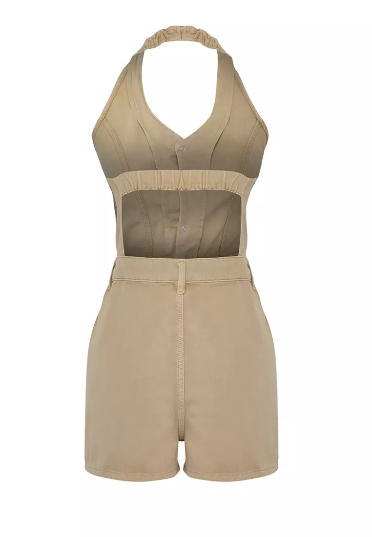 Beige Back Detailed Mini Denim Jumpsuit Twoss25Tu00064