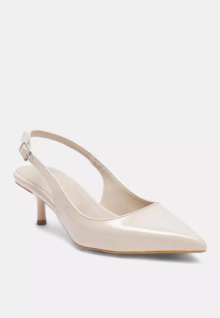 Beige Patent Leather Pointed Toe Kitten Heels Women Classic Heels Shoes Takss25To00005