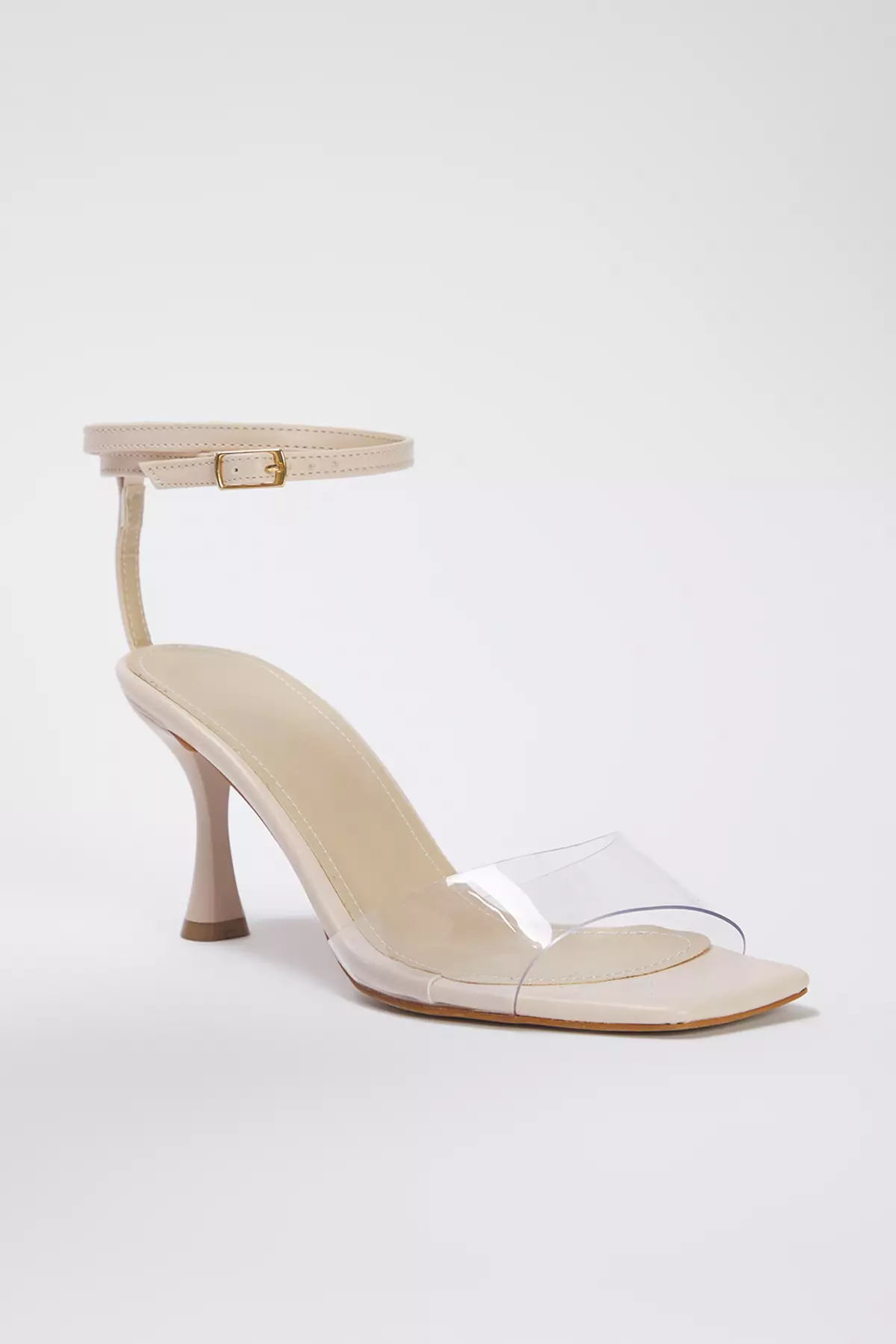 Beige Square Toe Vinyl Strappy Ankle Strap Women's Heeled Sandals - Takss25To00011