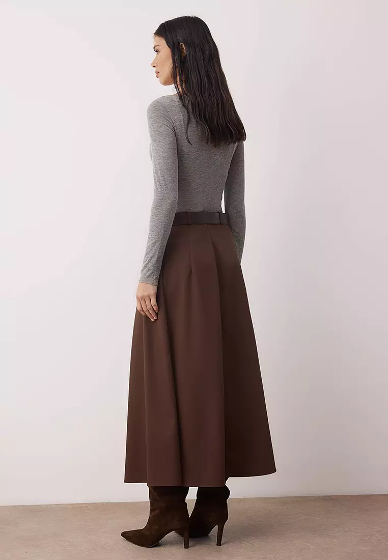 Dark Brown Belted Bell/A-Line Woven Long Maxi Skirt Twoaw26Et168