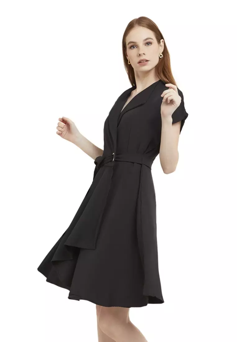 Mini Dress Kasual Lengan Pendek Collar Neckline Baju Wanita Regular Fit - Black