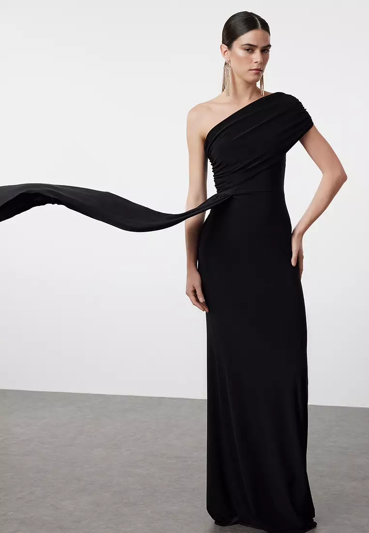 Black Asymmetric Neckline Long Evening Dress Graduation Christmas Dress