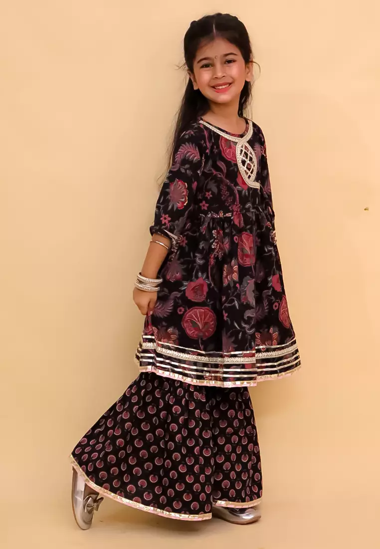 The Mom Store Kaali Katha Block Print Girls Anarkali Sharara Set - Multi