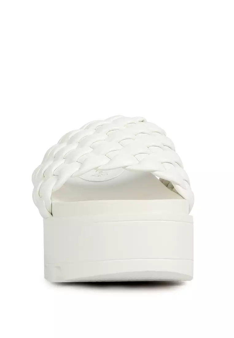 Platform Slides with Woven Textured Straps in White
