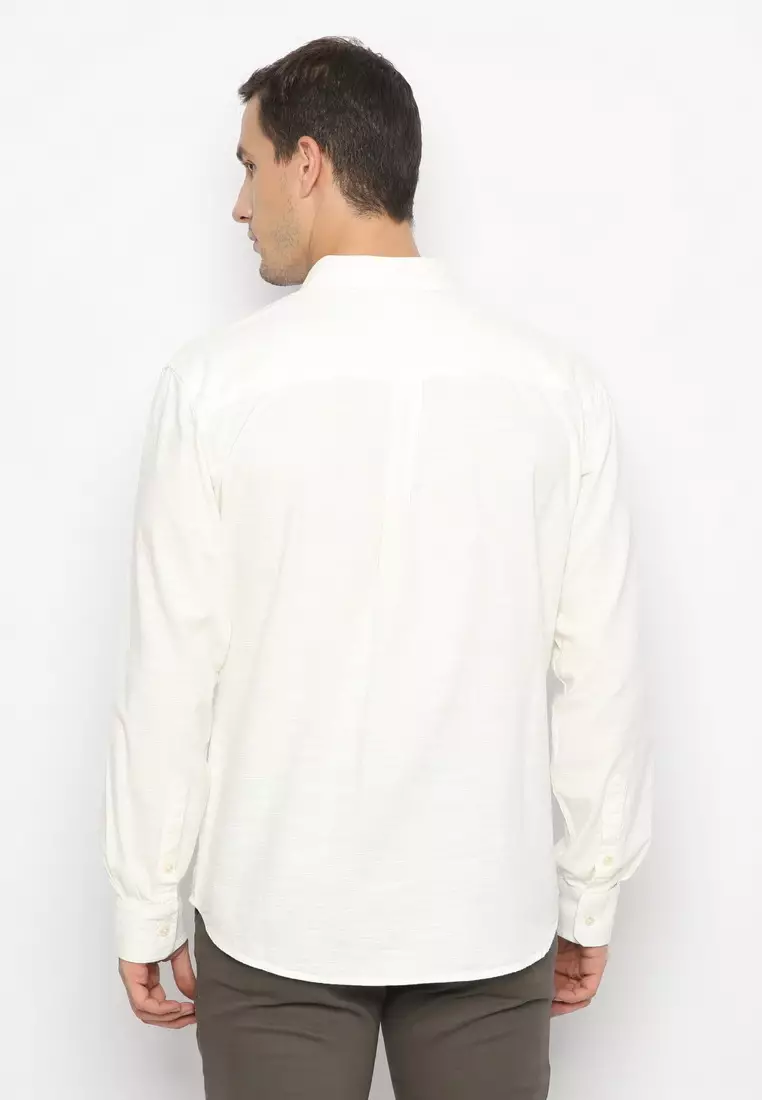 POLICE Kemeja Polos Cotton Slub Off White Regular Fit Lengan Panjang Pria