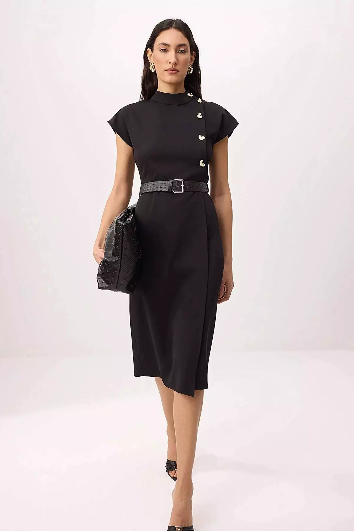 Black Belt Button Detailed Midi Woven Dress Twoss26El121