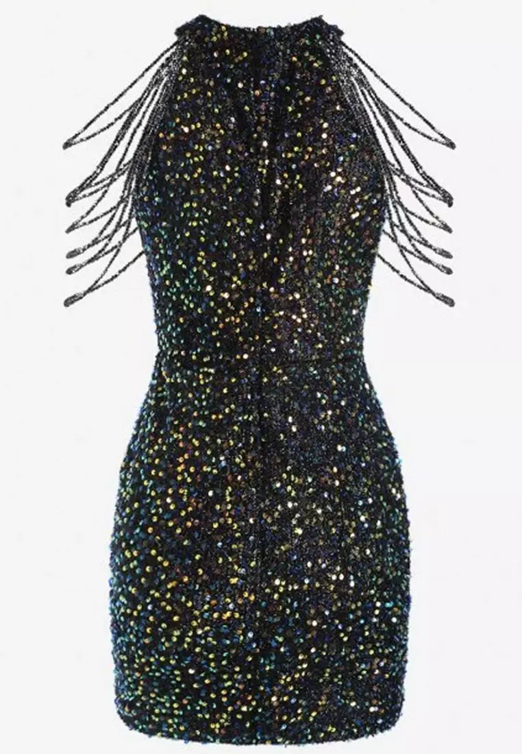 2025時尚掛脖性感水晶亮片流蘇連衣裙CA081626