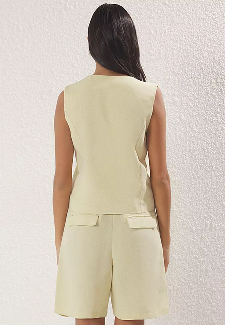 Yellow Linen Look V-Neck Vest and Shorts Woven Double Bottom-Top Set TWOSS25AU00041