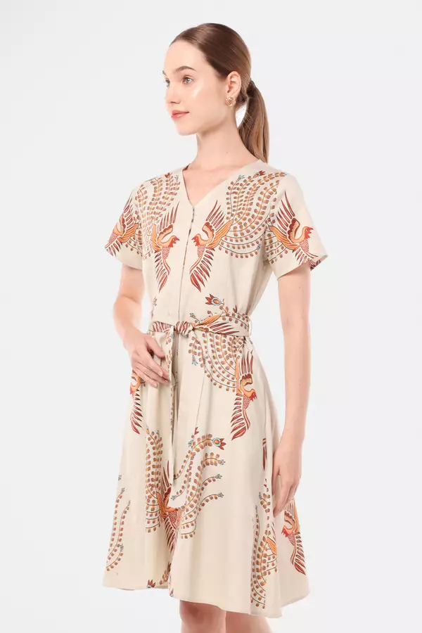 MINIMAL - Ayundara - Dress Motif Burung Sogan - Beige Warna Beige