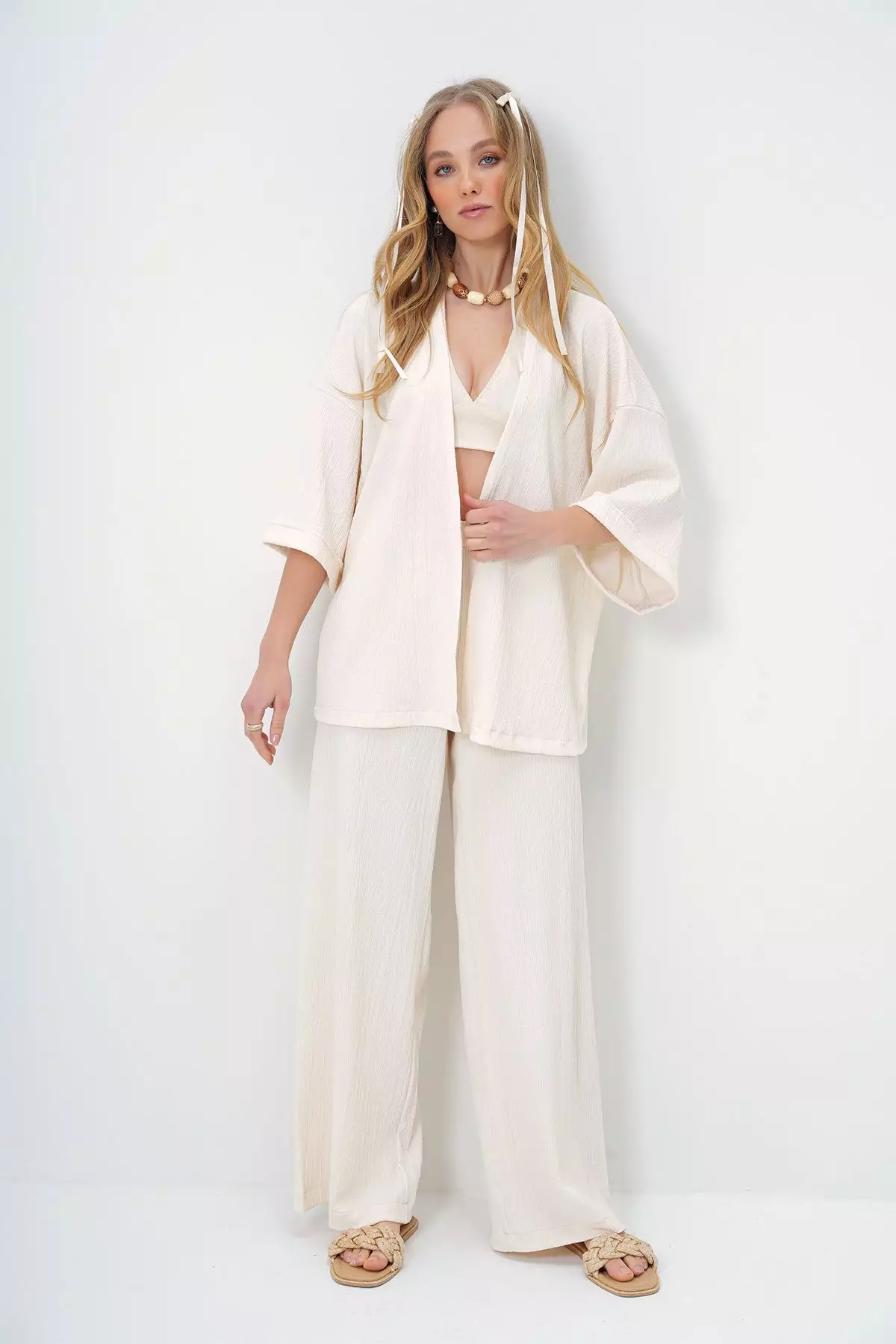 Women's Ecru Double Sleeve Wrap Fabric Summer Kimono And Trouser Set