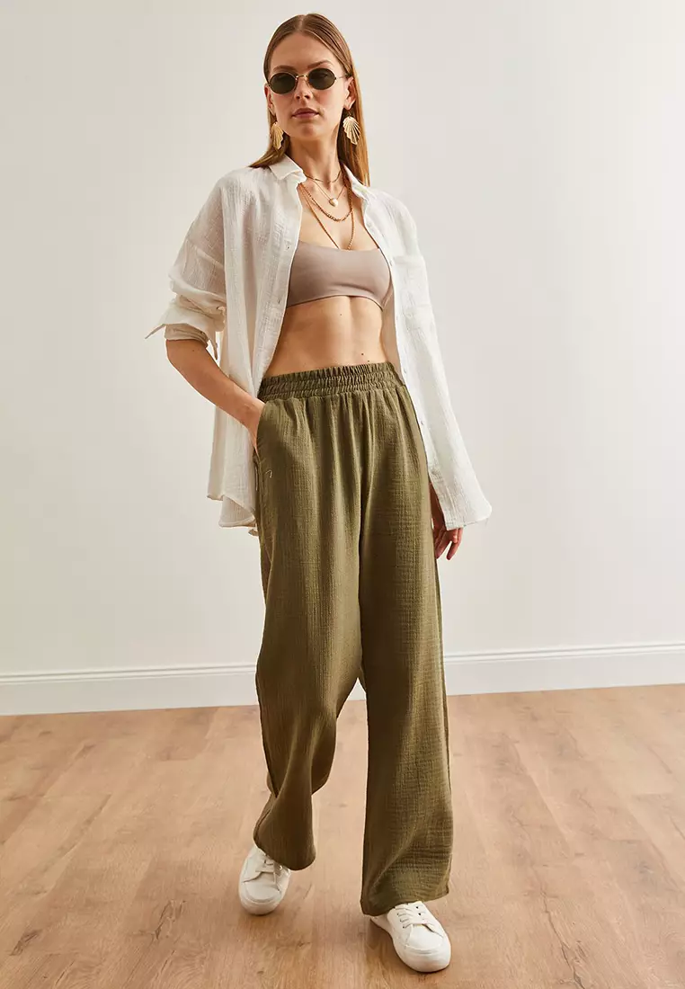 Elastic Waist Pocket Muslin Pants