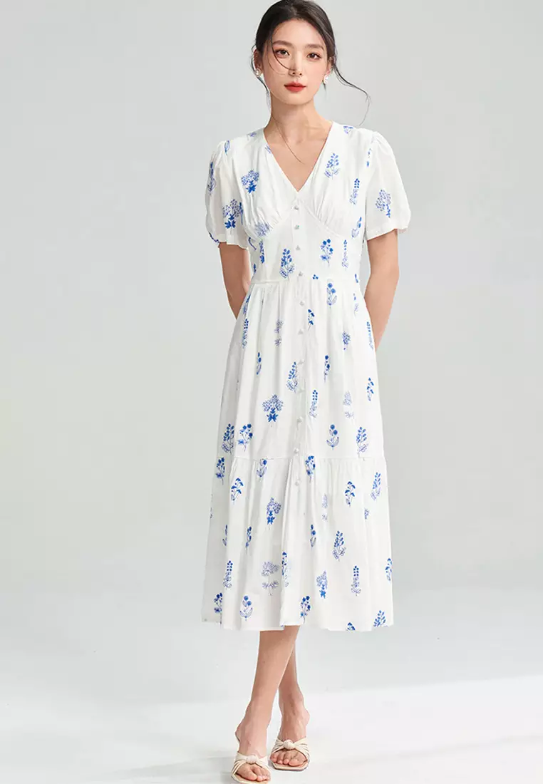 French style pure cotton simple temperament floral dress CA25060367W