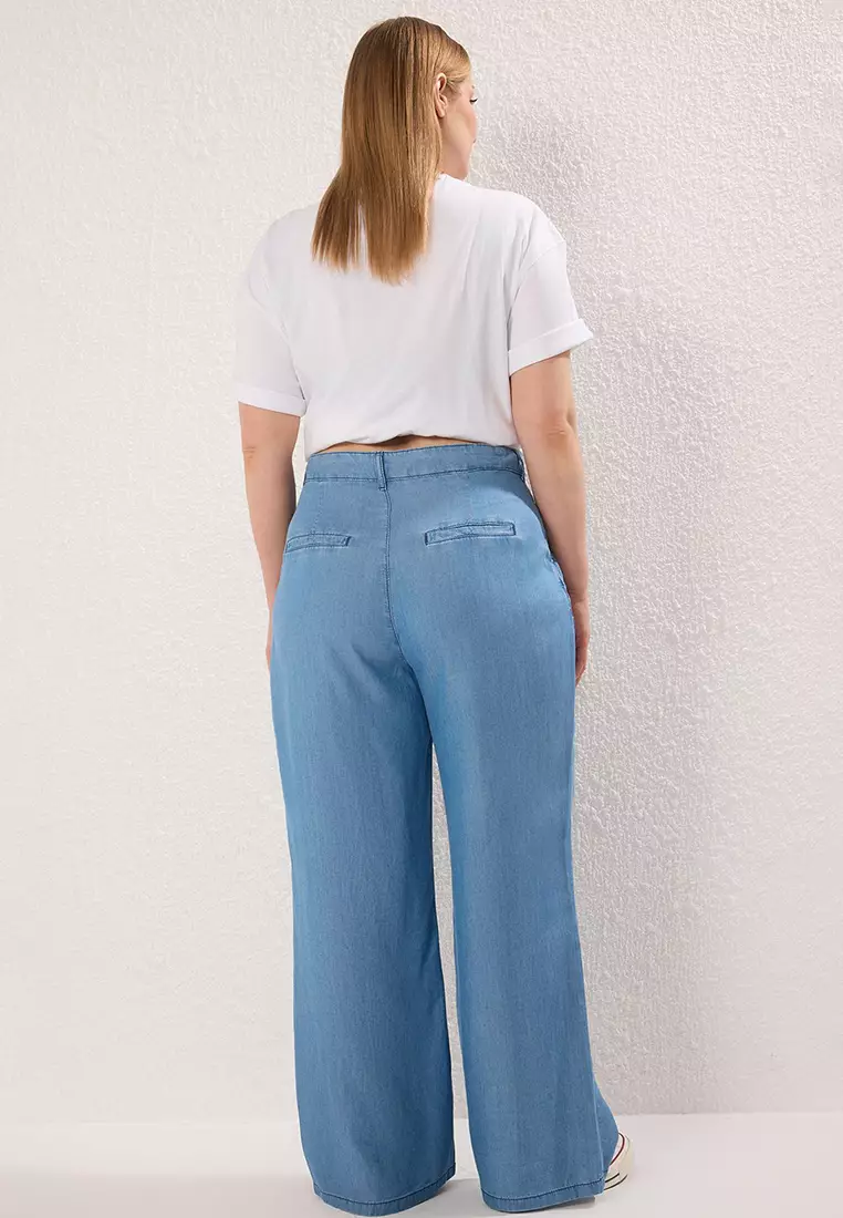 Blue High Waist Wide Leg Thin/Summer Tencel Plus Size Wide Leg Jeans TBBSS25CJ00022