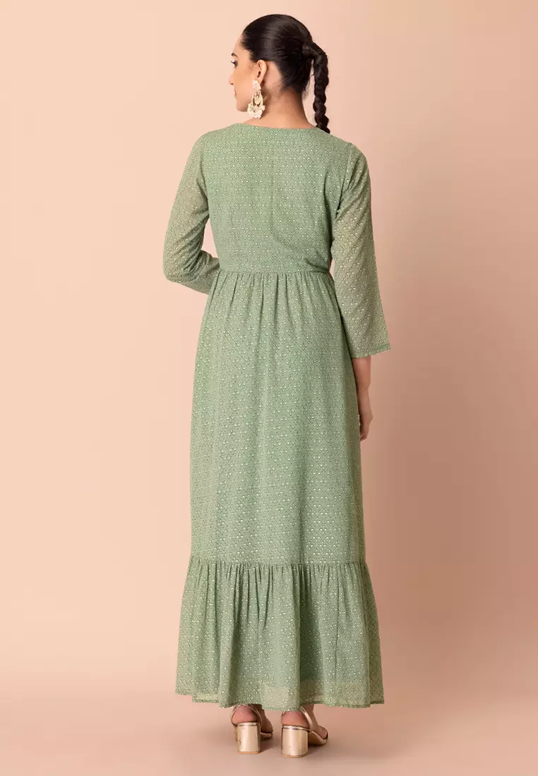 Buy Indya Pastel Green Leaf Print Tiered Maxi Kurta 2024 Online