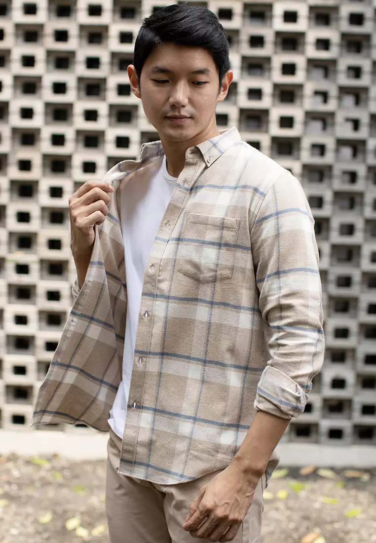 Kemeja Flannel tangan panjang cotton oxcon Cream blue teal