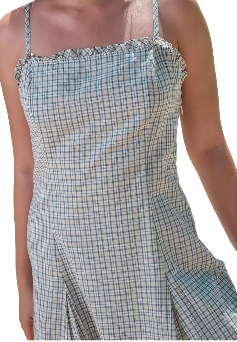 Strappy Box Pleat Checkered Dress With Ruffles