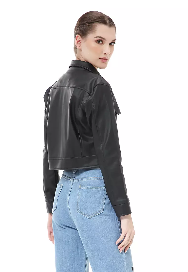 Poppy Outerwear Wanita Jaket Kulit Crop Oversize Big Pocket Material Leather ORIGINAL - Black