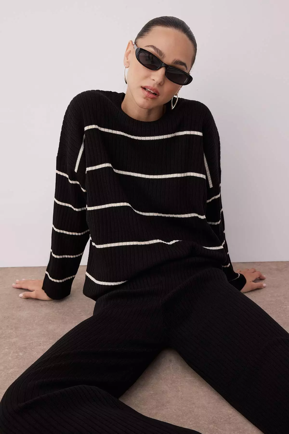 Black Wide Fit Striped Basic Ribbed Knitwear Bottom Top Set