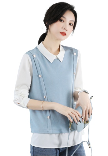 A-IN GIRLS white and blue Fake Two Piece Panel Lapel Top 27B39AA53D85D8GS_1