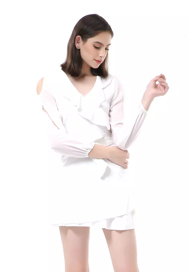 Rachel Sexy Dress Wanita Lengan Panjang Terbelah Model Tali Pinggang Stylish Material Polyester ORIGINAL - White