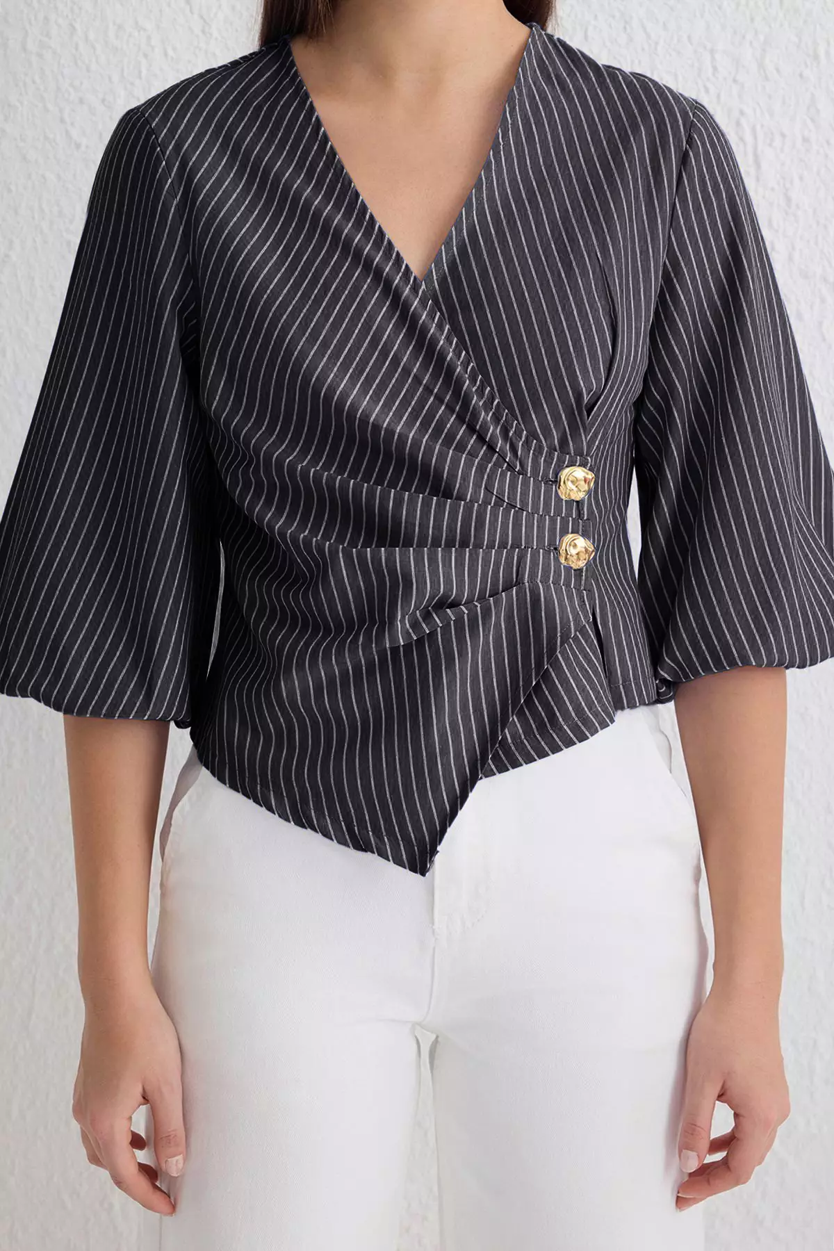 Black Double Breasted Striped Blouse
