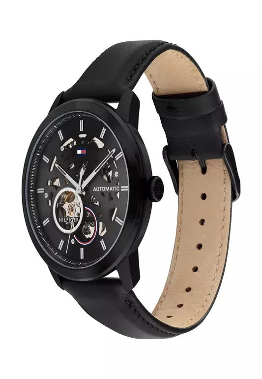 Men's Automatic Stainless Steel Case & Black Leather Strap Watch - TH1710659