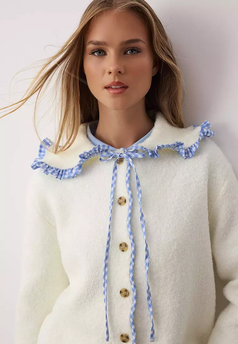 Ecru Soft Textured Garni Detailed Wide Fit Coat Look Knitwear Cardigan