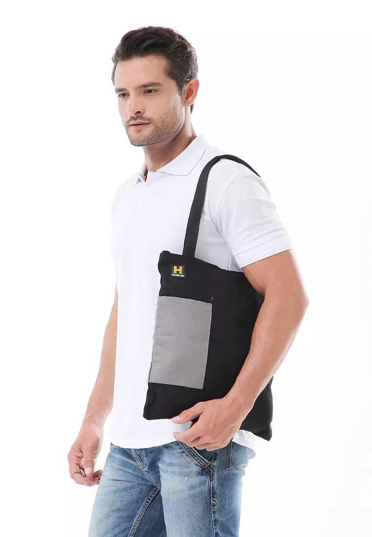 Hamilton Totebag Unisex Kombinasi Warna Large Compartment Material Canvas ORIGINAL - Black